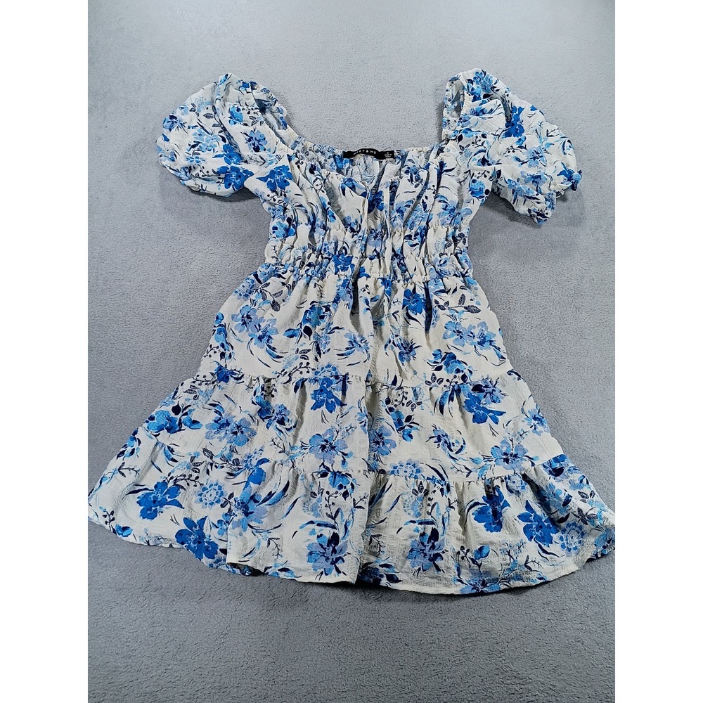 Mary & Mo Women Floral Smocked Mini Dress Blue White M Puff Sleeve